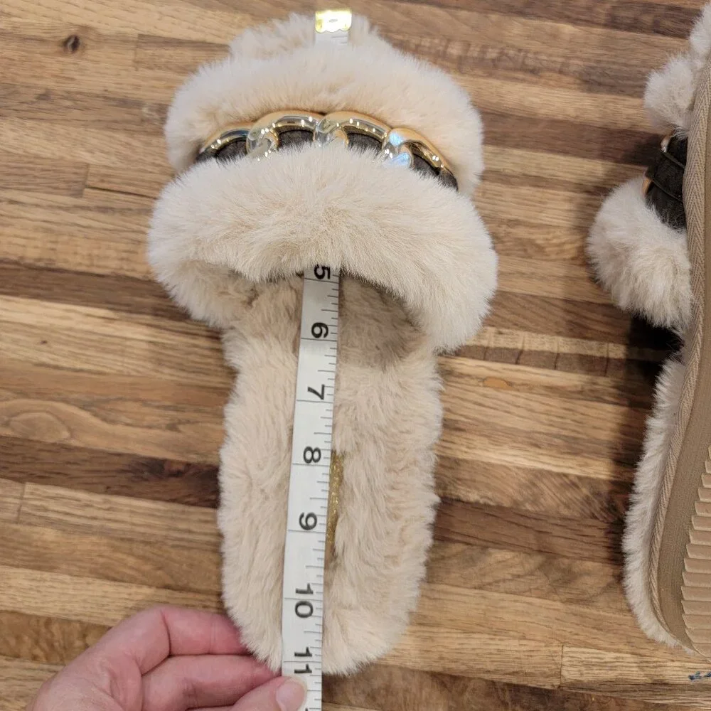 Michael Kors Scarlett Chain Cozy Faux Fur Slippers in camel multi color